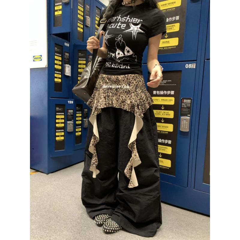 Retro Leopard Print Splicing Black Overalls Women's Summer Thin Jazz Dancing Quick-drying Sports Trousers