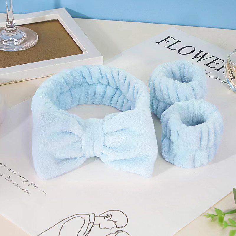 Moisture-Proof Facial Care Set: Bow Headband, Waterproof Wristbands, Hair Tie.