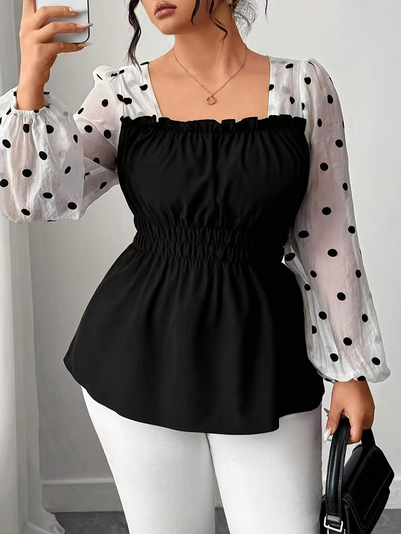 Plus Size Women s Slimming Square Neck Long Sleeve Patchwork Top 4XL