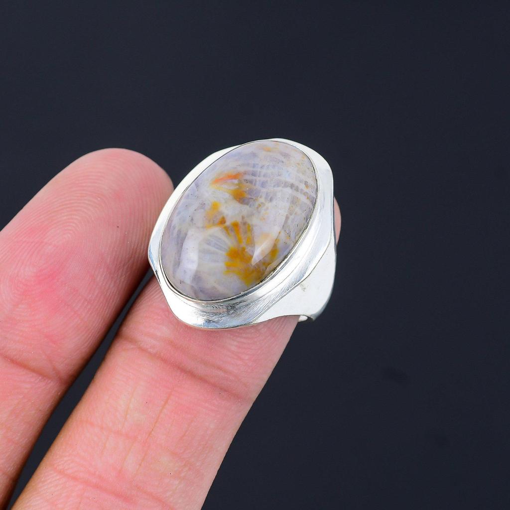 Womens day Sale 925 Silver Natural Fossil Coral Multi Stone Ring Jewelry US 8