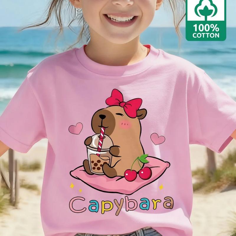 2025 Children's Capybara T-Shirt Kids Short Sleeve Shirt Capy Birthday Print Round Neck Tops Boys Girls Birthday Gift T Shirt