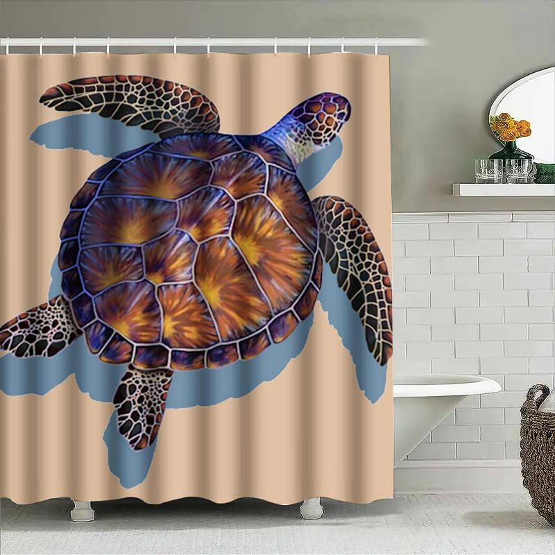 Beach-Themed Bath Mat Set: Blue Ocean Turtle Shower Curtain With Vivid Colors For Bathroom Decorations Size 69X70 Inches (L X W)