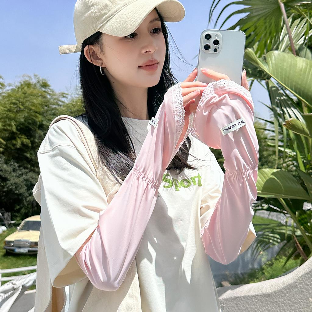 Summer Solid Color Lace Edge Sunscreen Sleeves Women'S Uv Protection Arm Guards Ice Silk Gloves Sunshade Driving Ice Sleeves