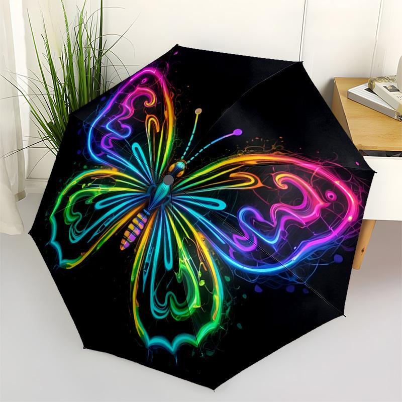 1pc Neon Butterfly Automatic Folding Umbrella Compact Lightweight Travel Umbrella with 8-Rib Sturdy Frame, Windproof & Self009