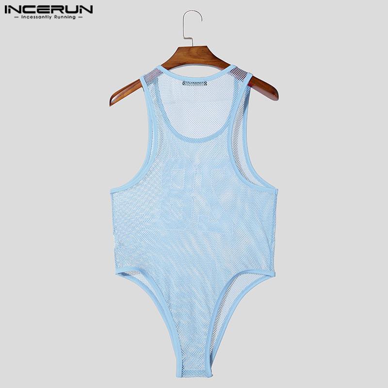INCERUN Men Sleeveless Letter Print Mesh Bodysuits See Through Fitted Briefs Jumpsuits