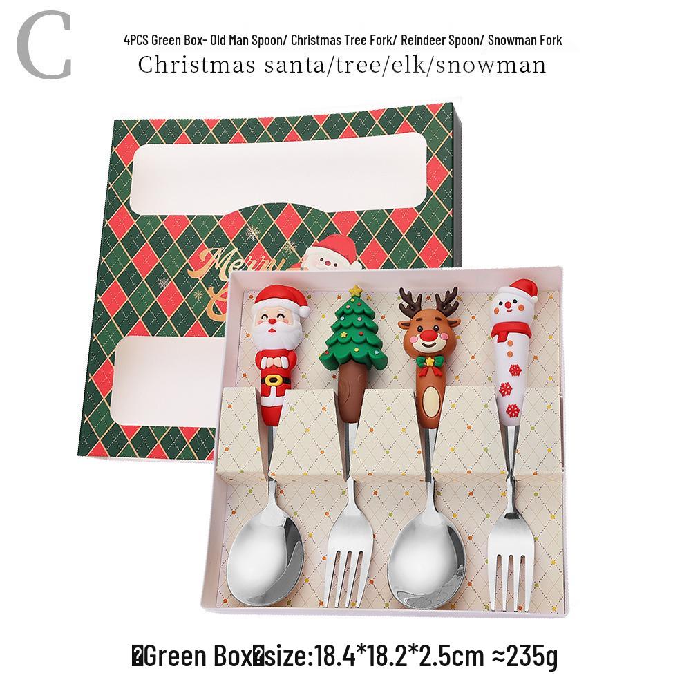 Reindeer Cartoon Christmas Spoon & Fork Set - Cute Stainless Steel Gift in Color Box