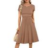 Women's Casual Fashion Round Neck Pleated Short Sleeve Solid Color A-Line Midi Dress