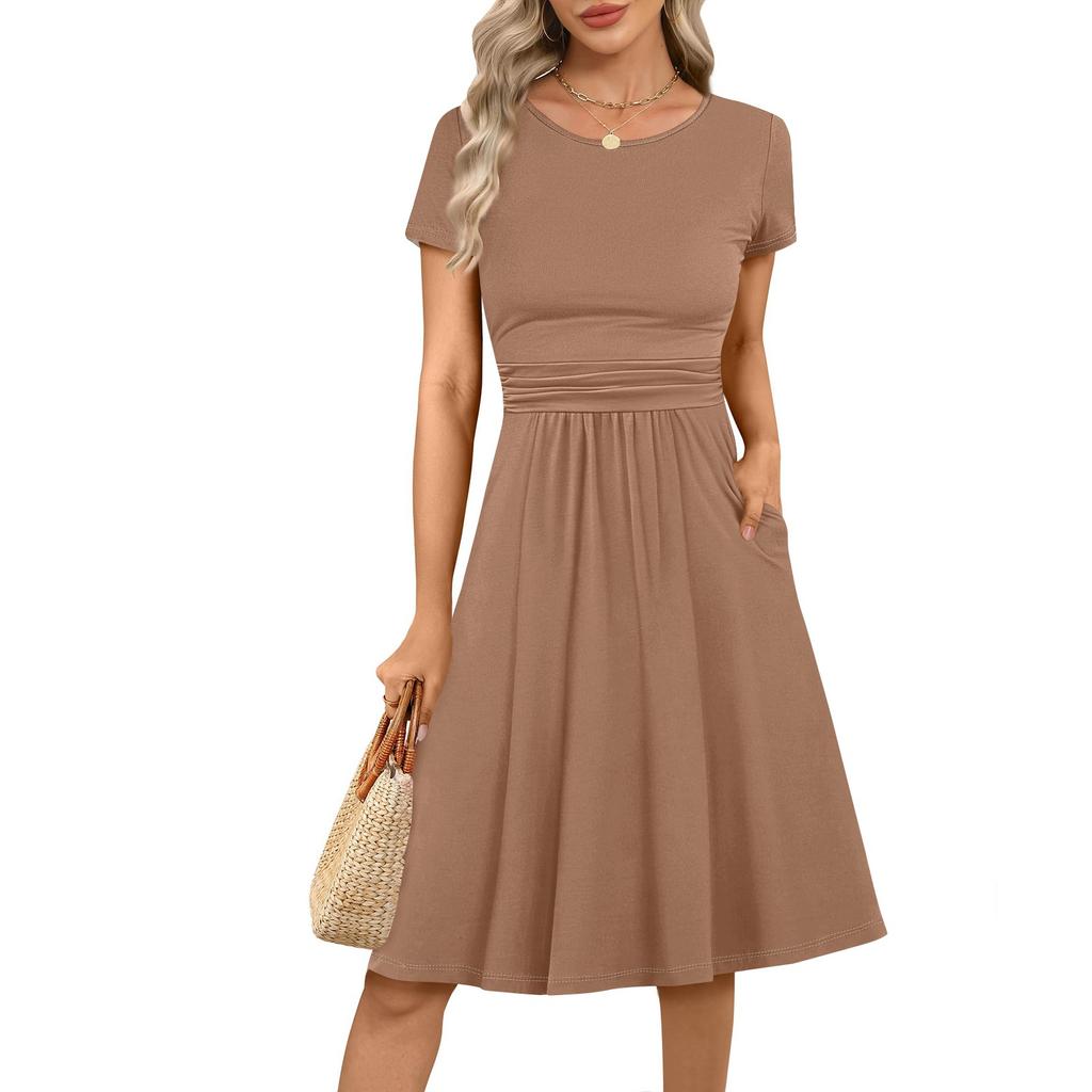 Women's Casual Fashion Round Neck Pleated Short Sleeve Solid Color A-Line Midi Dress