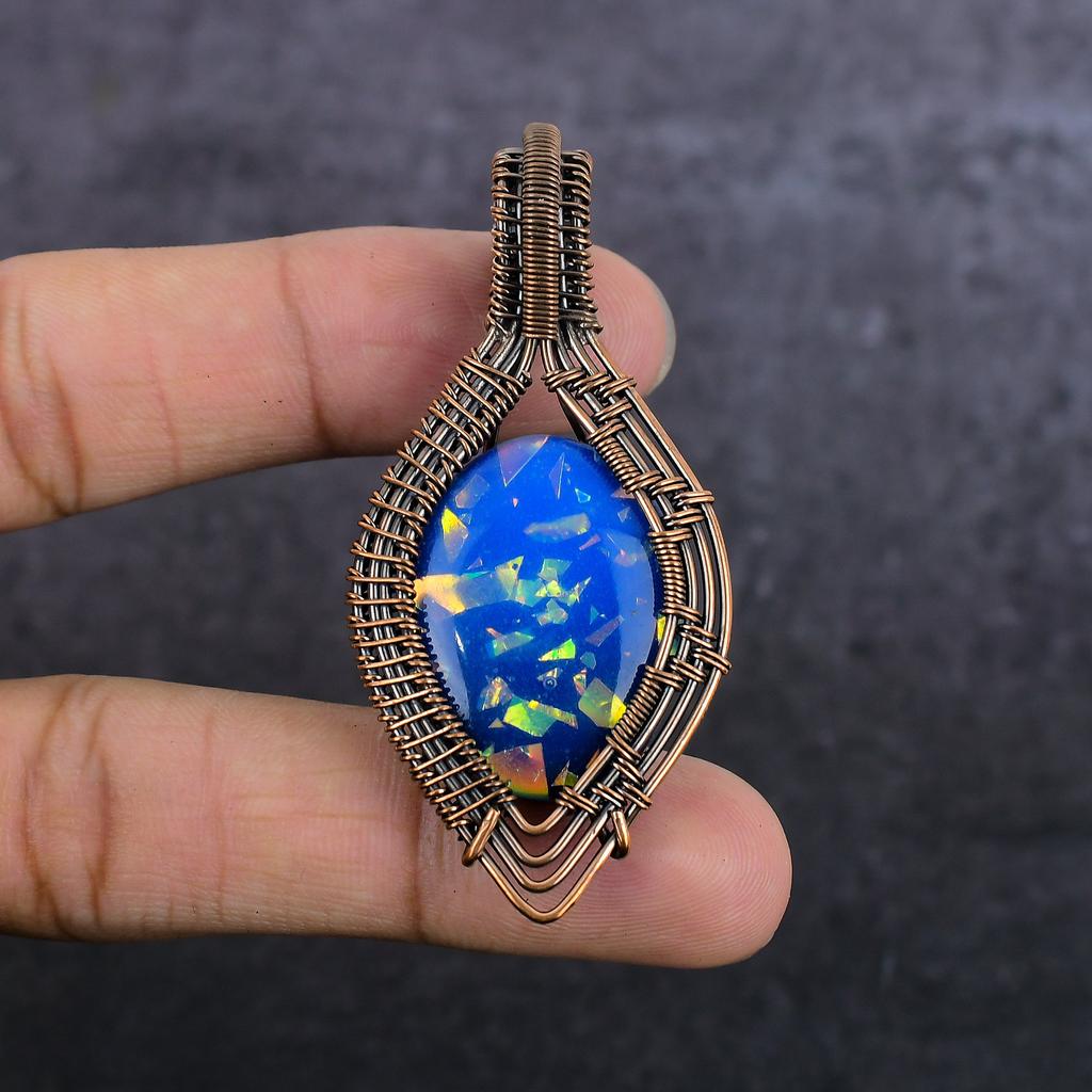 Blue Triplet Opal Gemstone Handmade Copper Wire Wrap Jewelry Pendant 2.56" C0u21