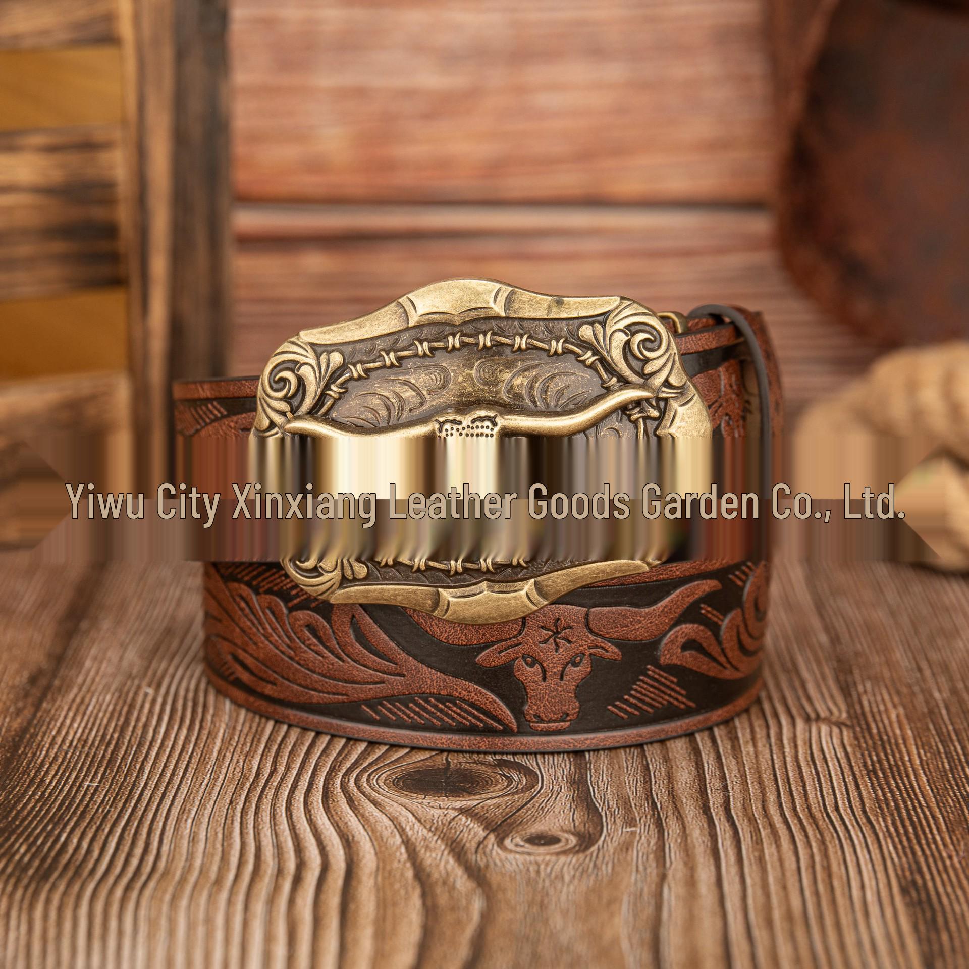 Western Retro Bull Head Symmetrical Pattern PU Leather Belt 120 cm коричневый