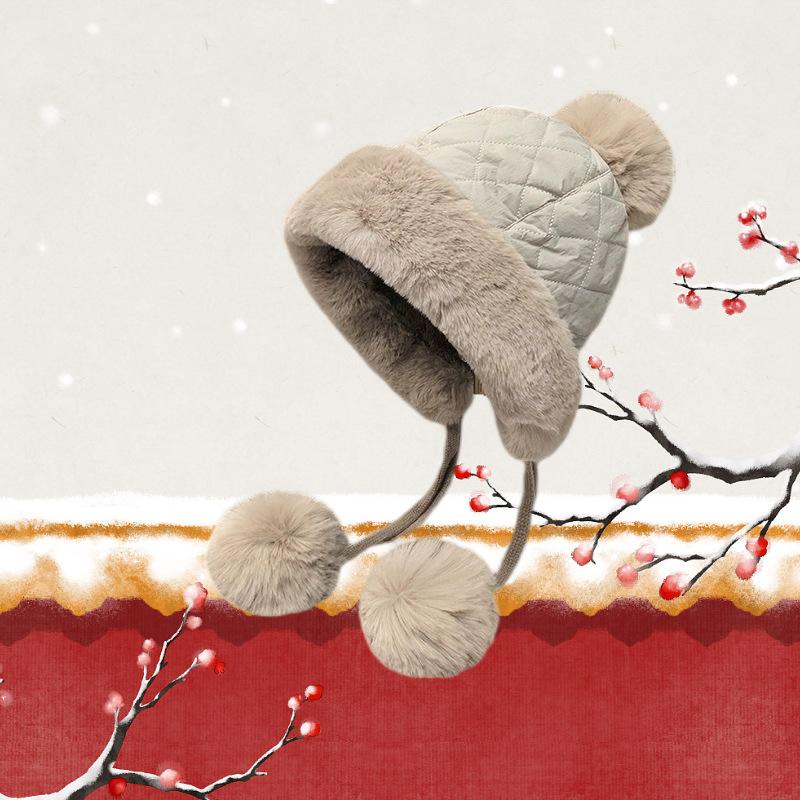 Winter Women's Cute Korean Style Fleece-Lined Thickened Warm Plush Earflap Cold-Resistant Down Cycling Hat