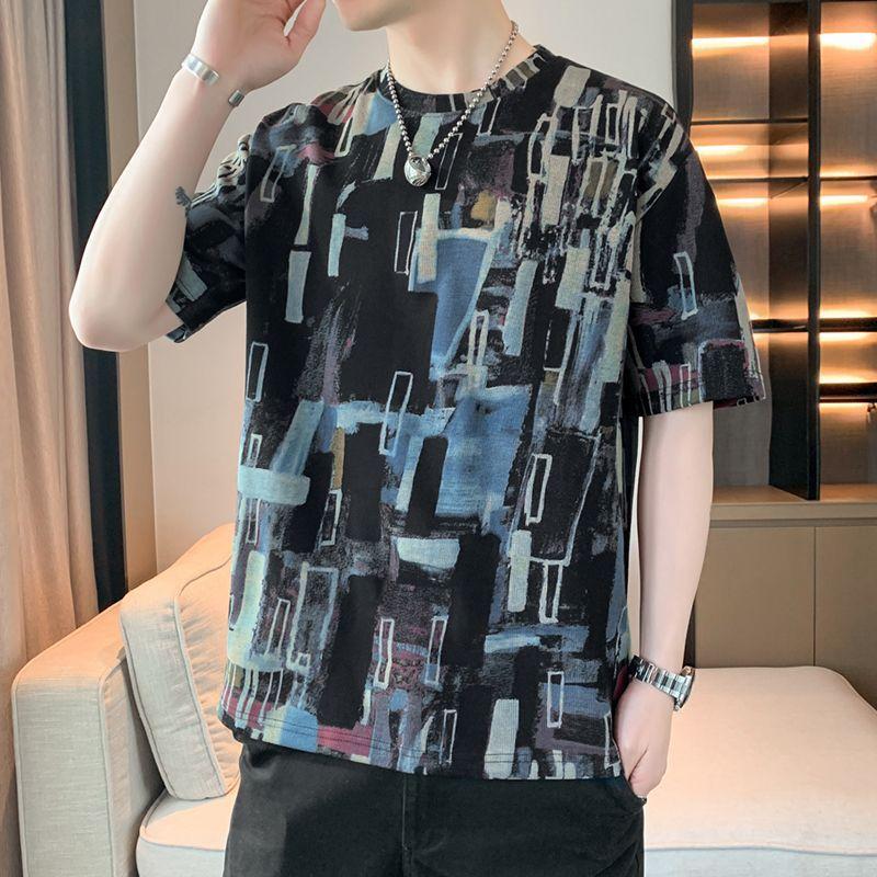 Young Style Hand-Painted Pullovers Men's Clothing Chic Contrasting Colors Summer Short Sleeve Loose Casual Round Neck T-shirts