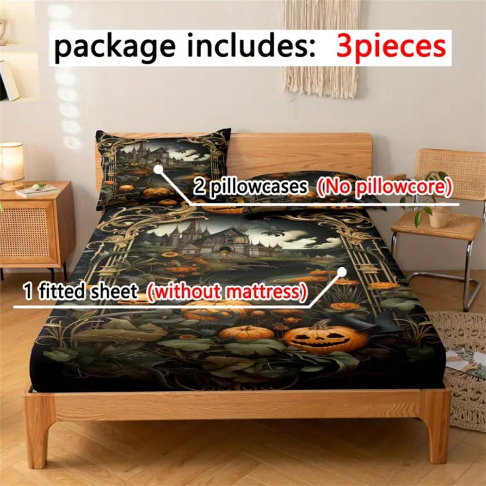 Halloween Pumpkin Castle Theme Bedding Set - 3-Piece Polyester Fitted Sheet & Pillowcase Set, Breathable All-Season Quilted