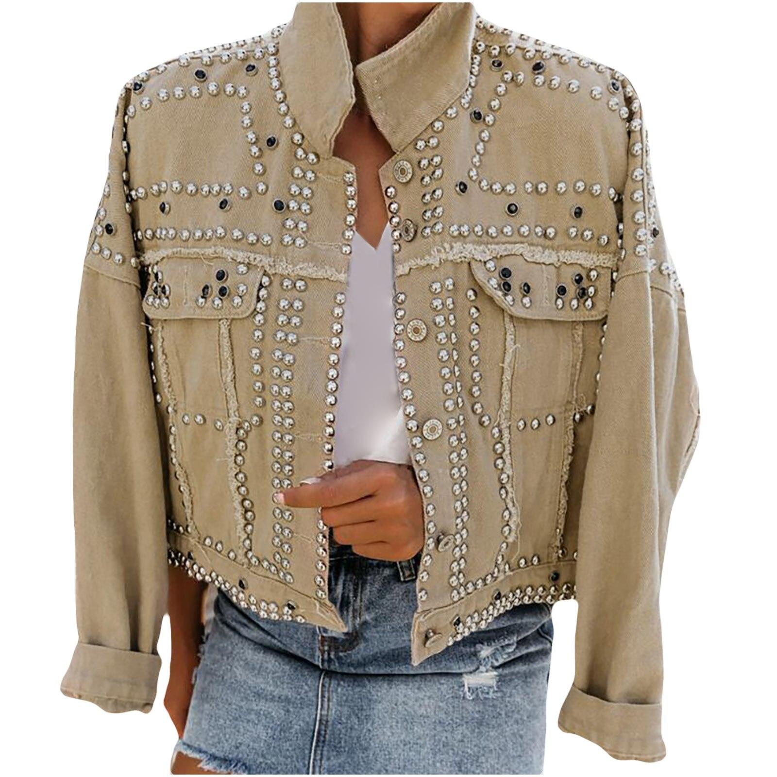 

Женские куртки в стиле панк, модное пальто с отложным воротником и бисером, верхняя одежда, короткая джинсовая ветровка с локомотивом XXXL