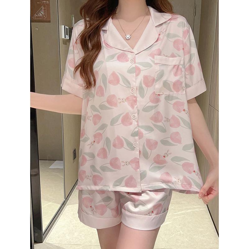 Cute Wind Rose Pattern Short-Sleeved Shorts Pajamas Women'S Summer Fashion Simple Loungewear Two-Piece Set