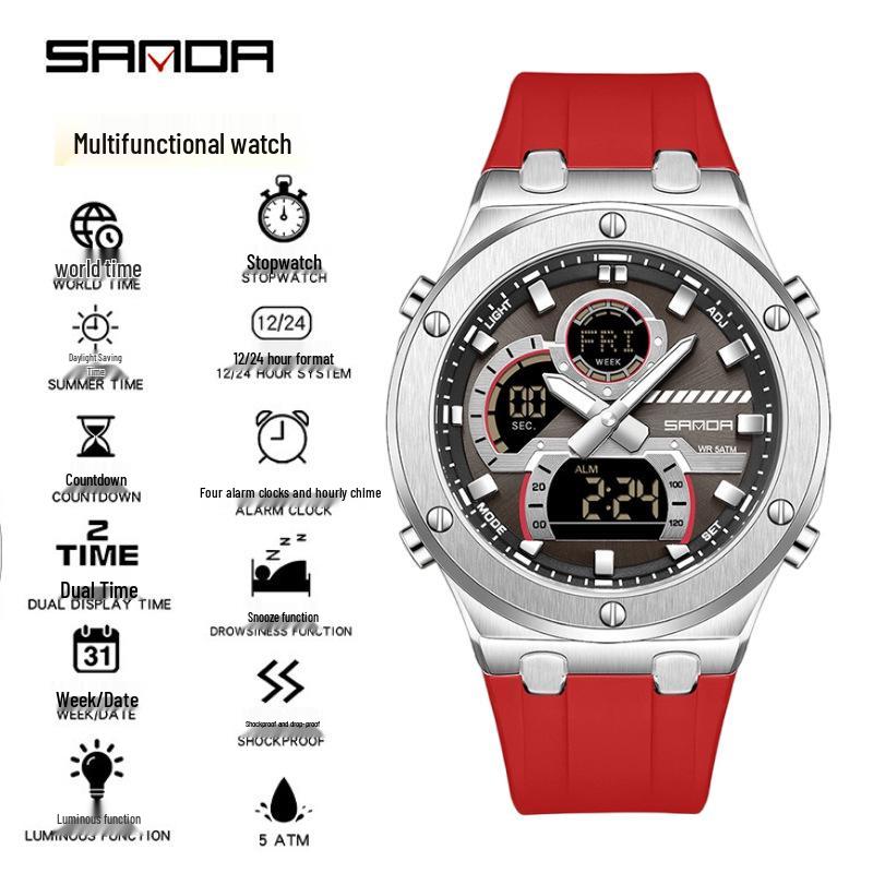 Sanda Trendy Multifunctional Waterproof Student Wristwatch with World Time Display
