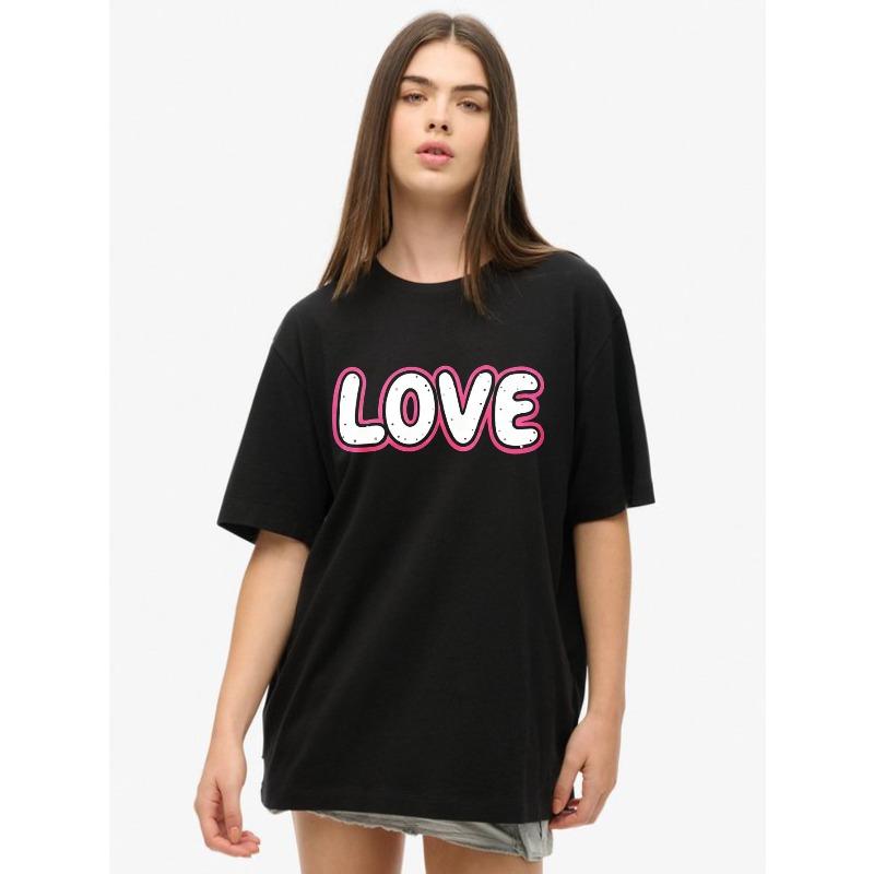 Women's Short-Sleeve T-Shirt with Pink Border 3D "LOVE" Letter Print