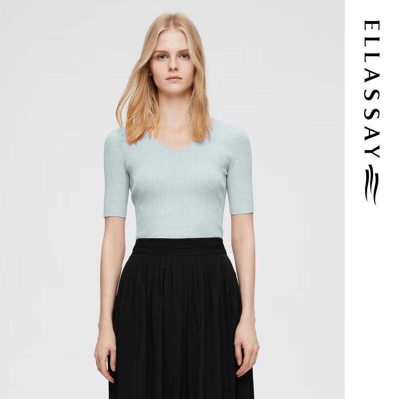 ELLASSAY Cotton-Silk Ribbed V-Neck Knit Top S
