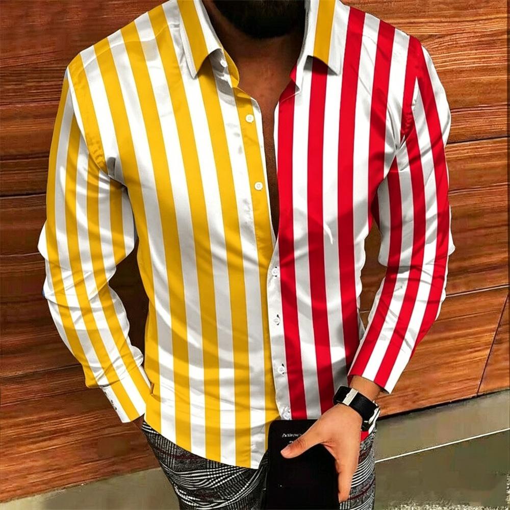 Men's Striped Long Sleeved Shirt 3D Digital Print Lapel Button up High-Quality Business Casual Clothing for Men