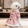 2026 New Outfit for Small Dogs Tweed Dog Dress with Bow & Pom-pom Decor, Ruffled Sleeves & Leash Ring, Elegant Daily