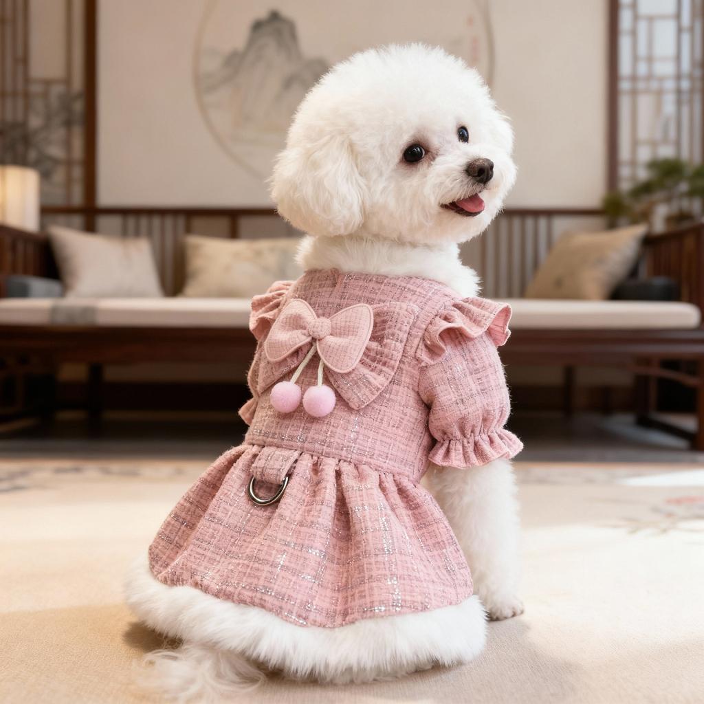 2026 New Outfit for Small Dogs Tweed Dog Dress with Bow & Pom-pom Decor, Ruffled Sleeves & Leash Ring, Elegant Daily