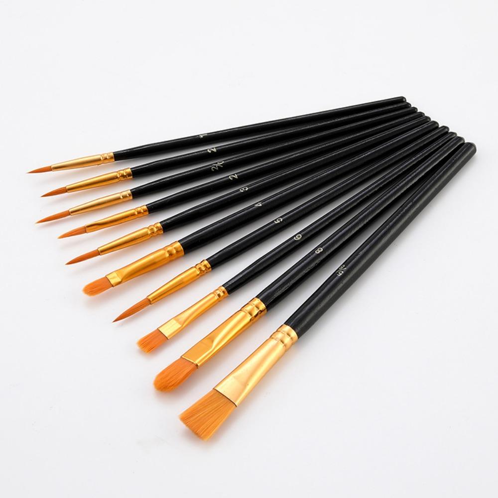 10 Nylon Brush Sets, Wooden Poles, Watercolor Paint, Oil Painting Brushes, Student Art Painting Brushes