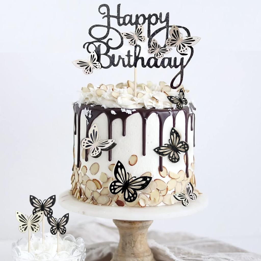 13pz Topper per Torta a Farfalla Glitterati 3D Farfalla Cupcake Topper per Feste di Compleanno di Bambine e Donne Decorazioni Nero Argento