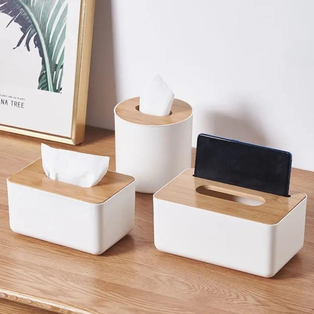 Home Accessory Japanese Style Tissue Box Multi-Function Plastic Paper Box Washable Wooden Cover Tissue Holder Desktop