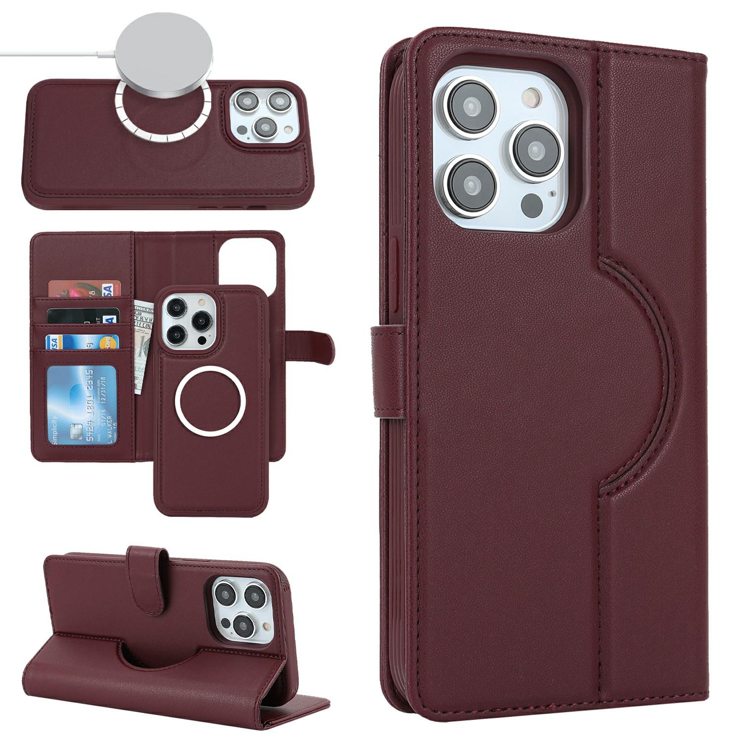 

For iPhone 15 Pro Max Wallet Case Compatible with MagSafe Anti-Drop Detachable PU Leather Phone Cover Wine Red
