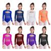 Girls Shiny Rhinestones Long Sleeve Back Invisible Zipper Front Cutout Gymnastics Leotard Stage Bodysuit