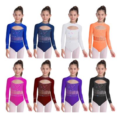 Maillot de gymnastique pour fille à manches longues, strass brillants, fermeture éclair invisible au dos, décolleté à l'avant, body de scène