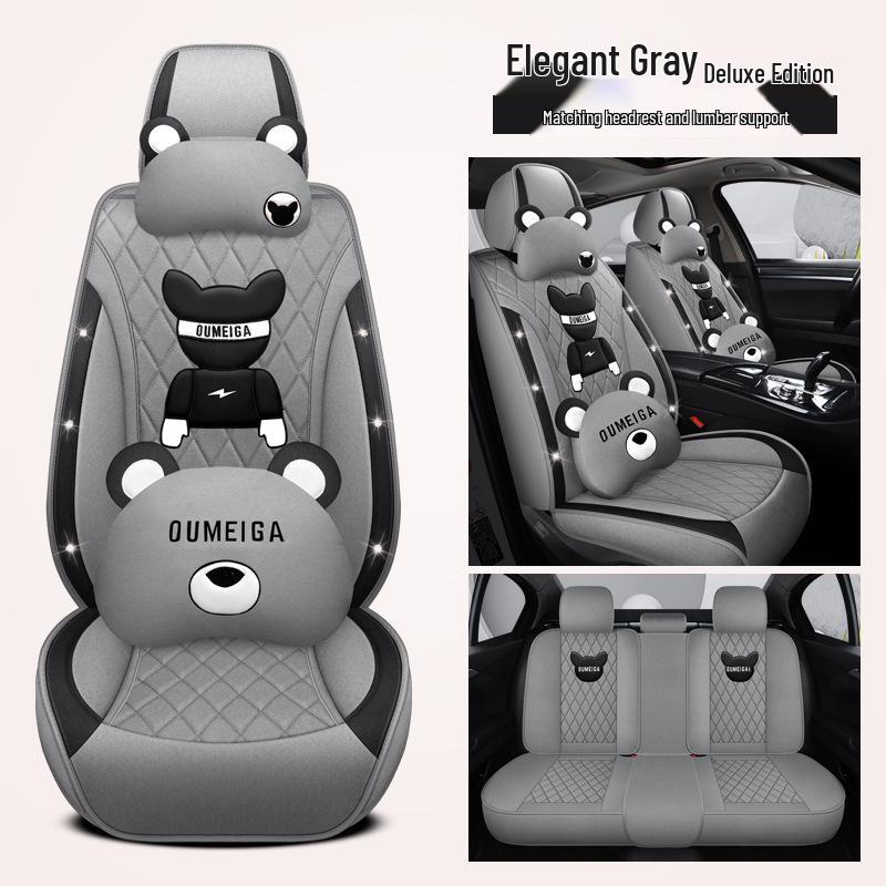 Star Chi Elantra Linen Cartoon Bear Car Seat Cushion - Four Seasons Suitable