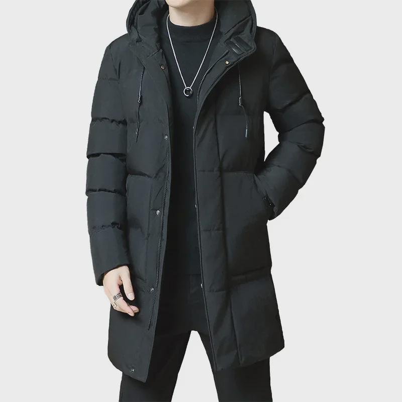 Men's Mid-Length Hooded Cotton-Padded Jacket - Solid Color Winter Coat