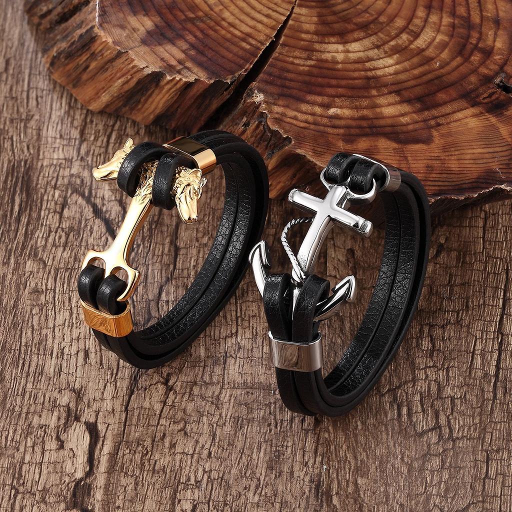 Men's Stainless Steel Leather Bracelet Woven Anchor Wolf Head Bracelet Fashionable Retro Geometric Style Unisex Hand Accessory