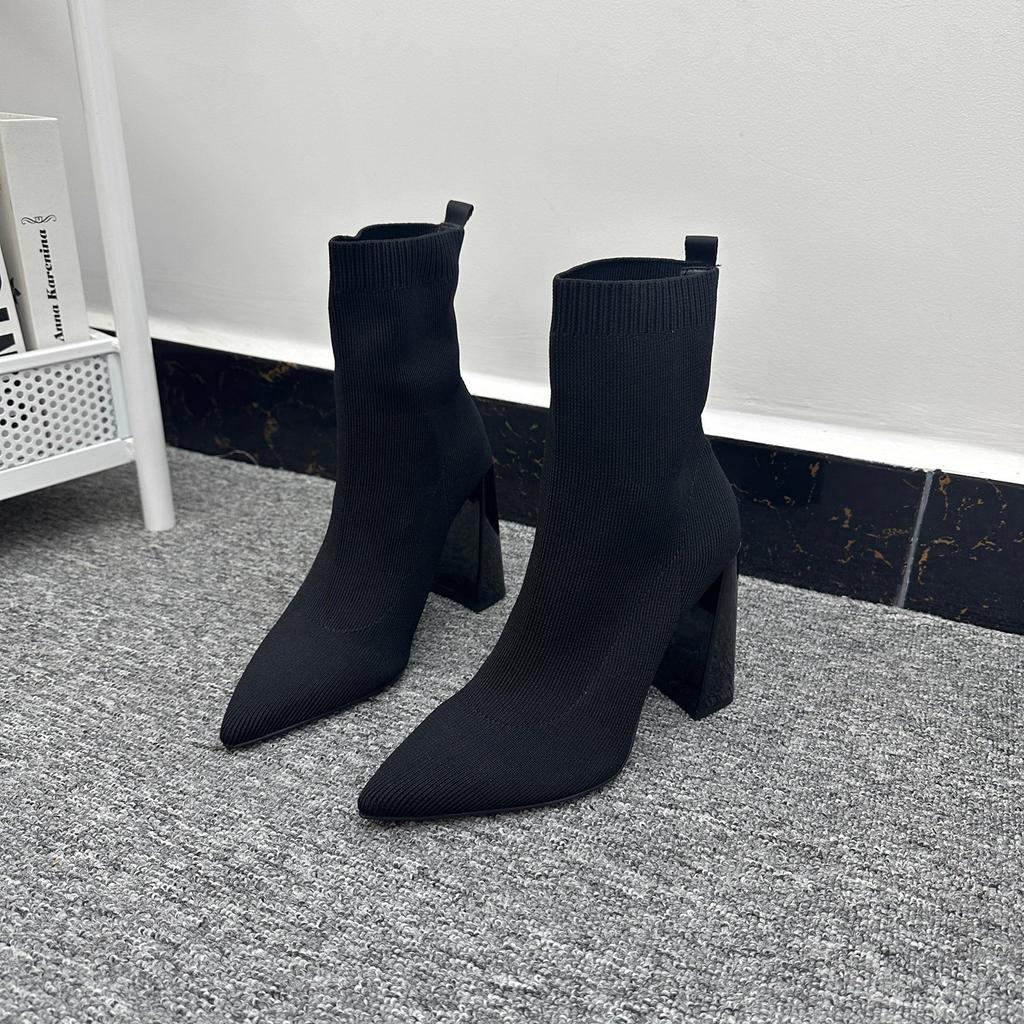 Pointed lightweight thick heel breathable knitted skinny celebrity elastic boots fashion short boots elegant