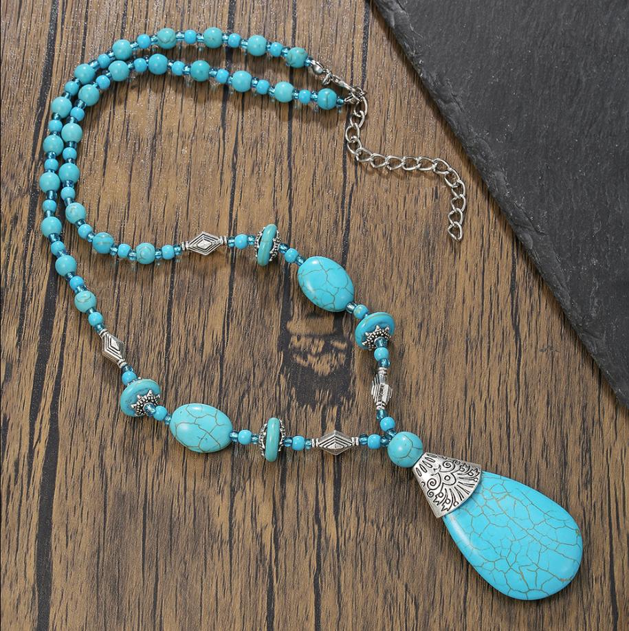 Multiple Styles Available Necklace for Women Natural Turquoise Beaded Jewelry Niche Sense Double Teardrop Pendant Turquoise Beautiful Elegant Necklace