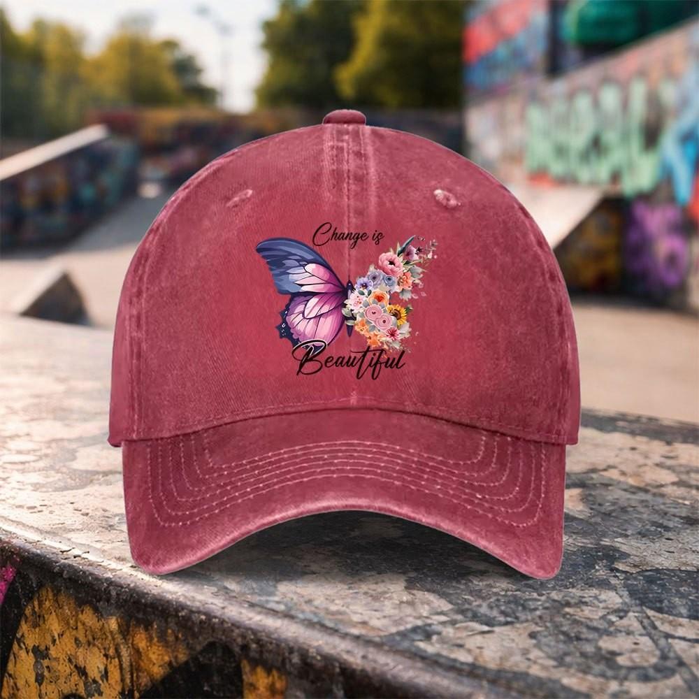 Butterfly Floral Print Washed Baseball Cap Unisex Distressed Denim Outdoor Casual Hat One Size красный