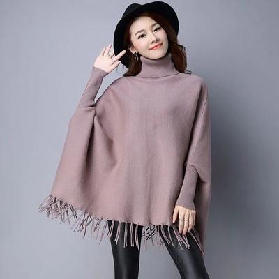Autumn and Winter Korean Edition New High Neck Pullover Sweater Women's Tassel Batshirt Coat Loose and Lazy Style Cloak Knitwear