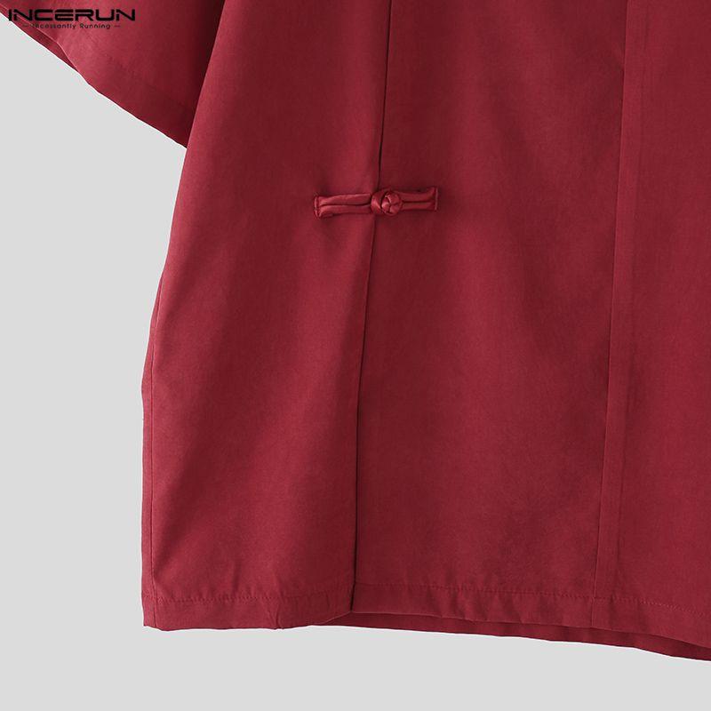 INCERUN Vintage Men Summer Stand Neck Short Sleeve Side Buttons Casual Traditional Style Shirts