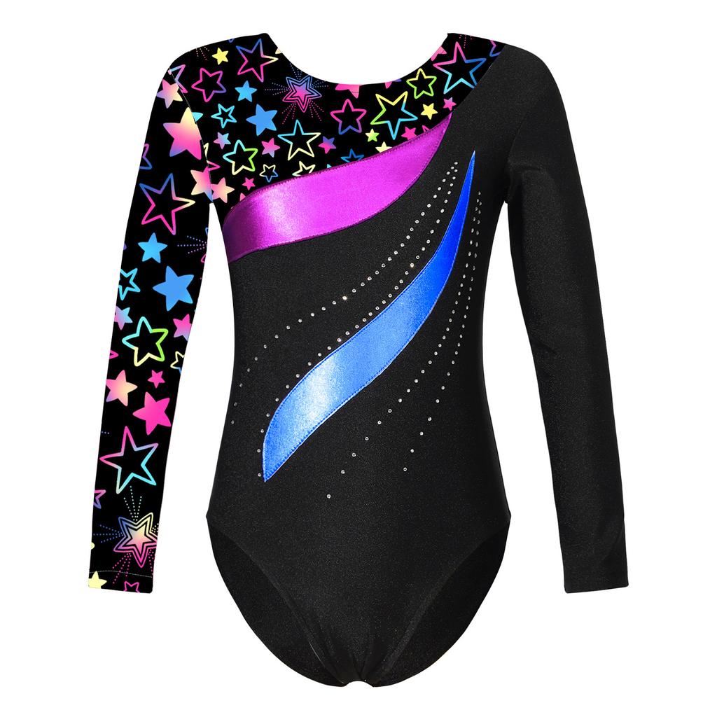 Girls Shiny Rhinestone Leotard Long Sleeve Round Neck Bronzing Fabric Pattern Print Performance Bodysuit