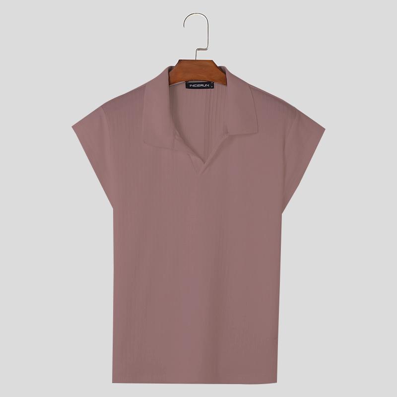 INCERUN Men Stand Collar V Neck Short Sleeve T-Shirts Pinstripe Summer Tee Tops