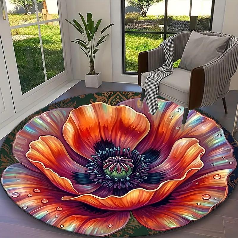 1pc Red Rose Vivid Poppy Printed Chair Rug for Home Office Use, Living Room Kitchen Game Room Round Carpet