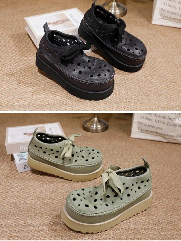 Johnature Thick Soled Hollow Hole Shoes Genuine Leather Lace Up Comfortable Women's Platform Sandals
