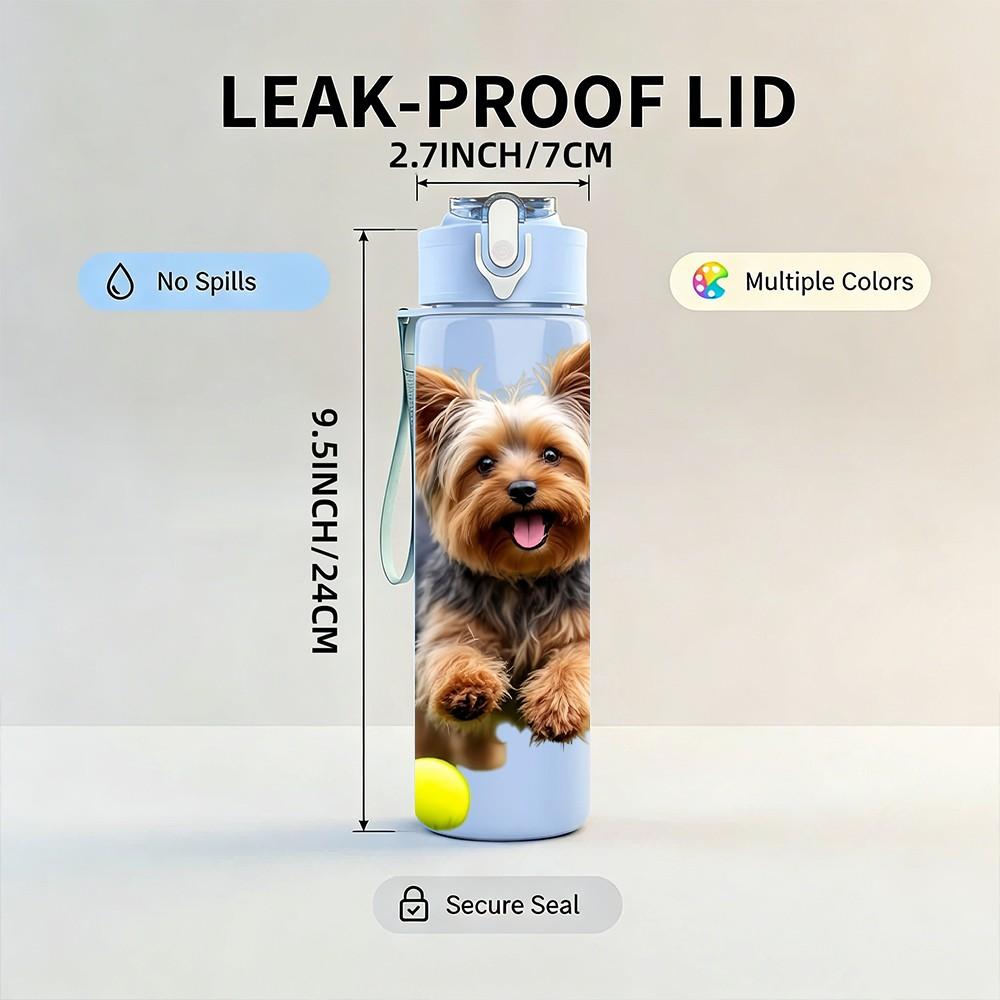 1PC Happy Playful Puppy Print 750ml Color Plastic Sports Water Bottle Leakproof Flip Straw Lid Suitable for Sports Office Home Use