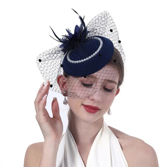 Vintage Style Pillbox Hat with Faux Pearls Mesh Feather Decor Hair Topper Headwear Weddings Events Hair Accessories