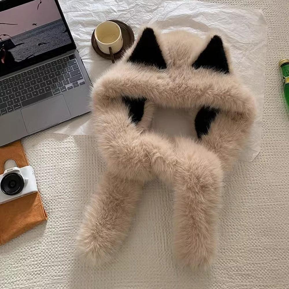 

Ear Protection Windproof Cap Scarf Warm Beanie Fake Fur Long Scarf Cap Cold Weather хакі
