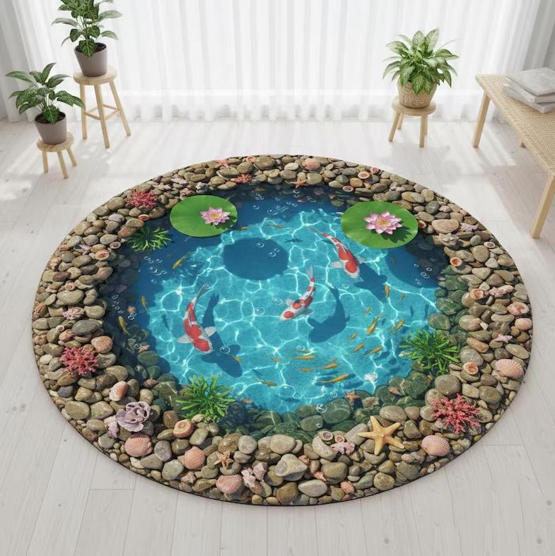 Artistic Pisces Zodiac Rug, 3D Relief Koi Pond Mat, Unique Floor Carpet Round Carpet Non-Slip Floor Living Room Bedroom Mats