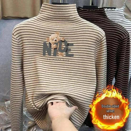 Children's Thermal Fleece Striped Long Sleeve Shirt with Half-High Collar for Boys and Girls (Autumn/Winter)