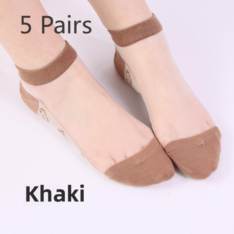 

5 пар женских весенне-летних повседневных носков-лодочек из прозрачного шелка с медвежьим узором, женские носки-лодочки из прозрачного шелка 5 Pairs хаки