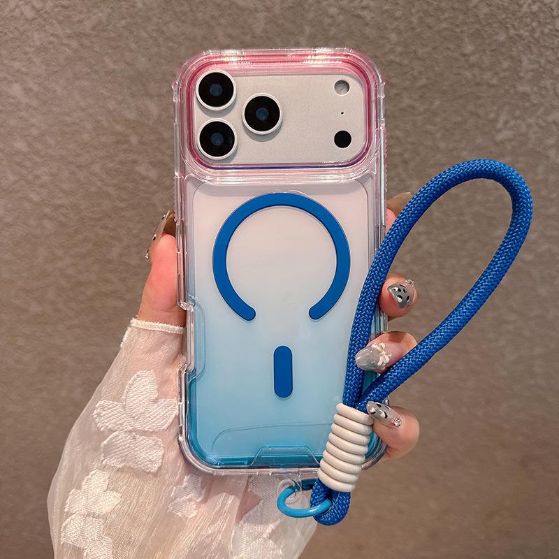 For IP17PROMAX Two-color Gradient Magnetic Phone Case, Anti-fall Three-in-one for Apple Phone Case with Lanyard